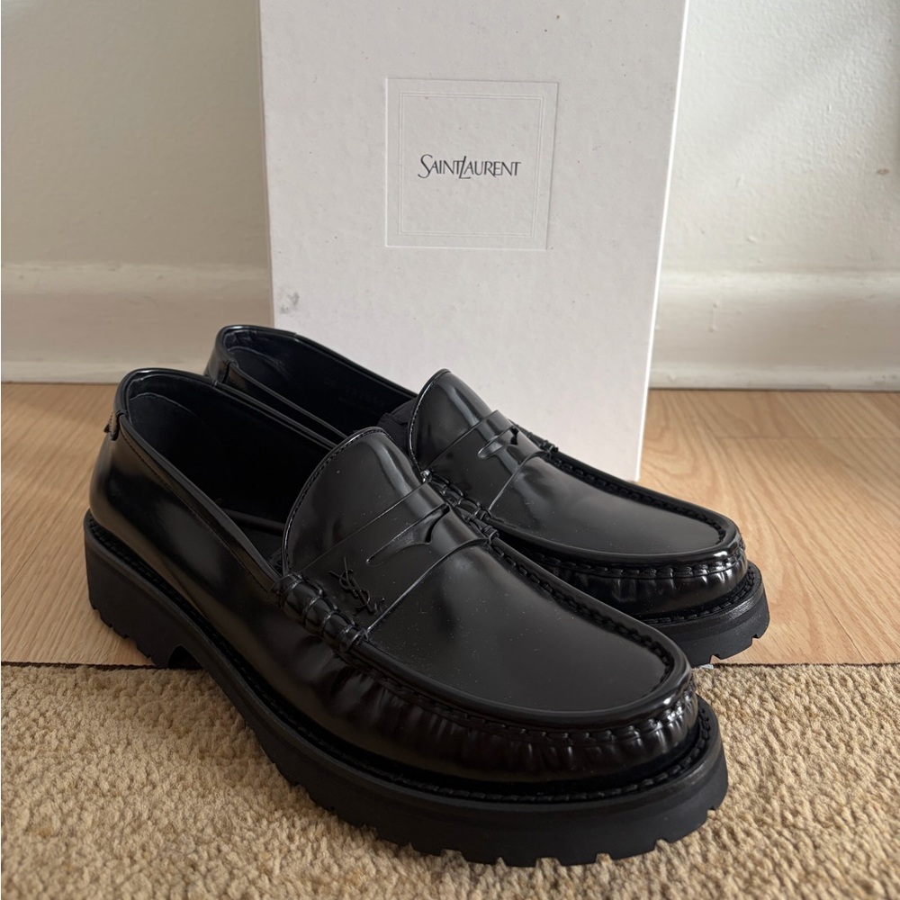 Saint Laurent Black Leather Lug-Sole Penny Loafers